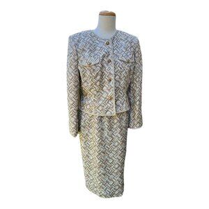 Adrianna Papell Silk Jacket & Skirt Set Geometric Print Size 8 Beige/Brown